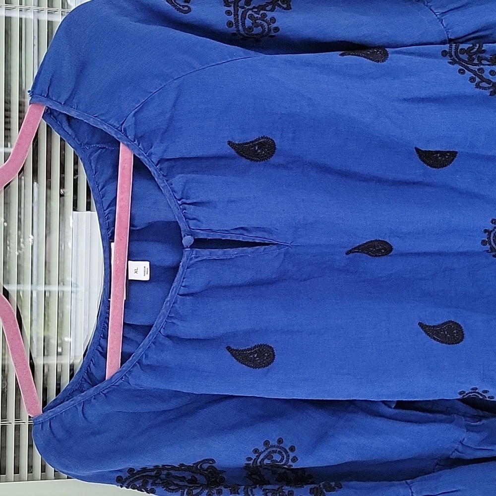 Charter Club Cobalt Blue & Black Embroidery Flutter Sleeve Linen Shirt Sz XL - Picture 4 of 12